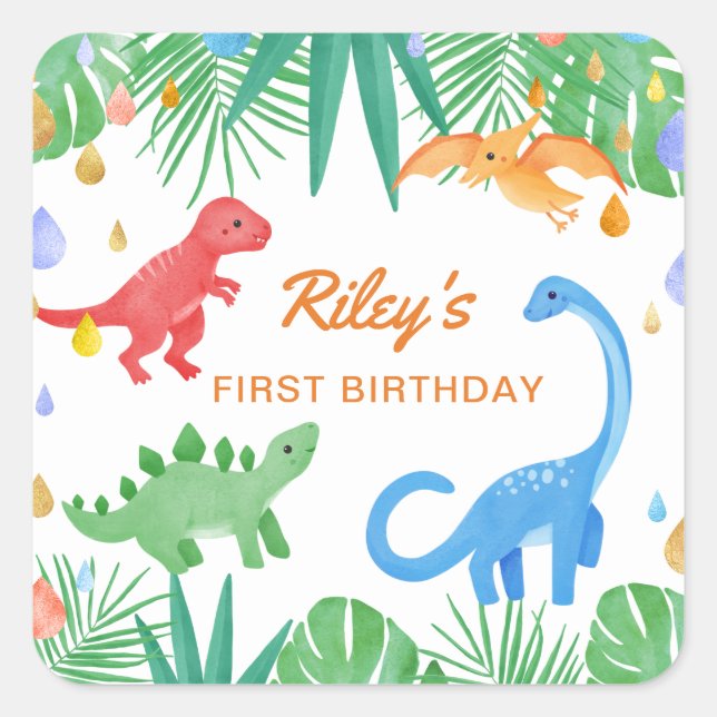 Sticker Carré Dinosaur 1er Anniversaire Invitation Colorée Cute (Devant)