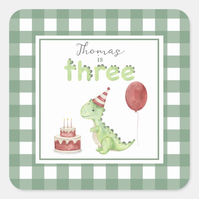 Sticker Carré Dinosaur aquarelle 3e anniversaire (Devant)