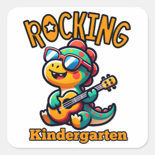 Sticker Carré Dinosaur de maternelle qui joue de la guitare