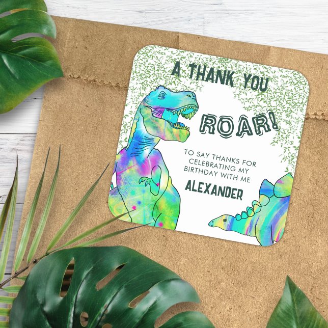 Sticker Carré Dinosaur Roar Anniversaire Merci de fête Favoriser (T-Rex roar dinosaur party thank you custom favor sticker with colorful watercolor stegosaurus )