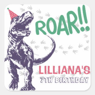 Sticker Carré Dinosaur T-Rex en Chapeau de Fête Rose & Violet An