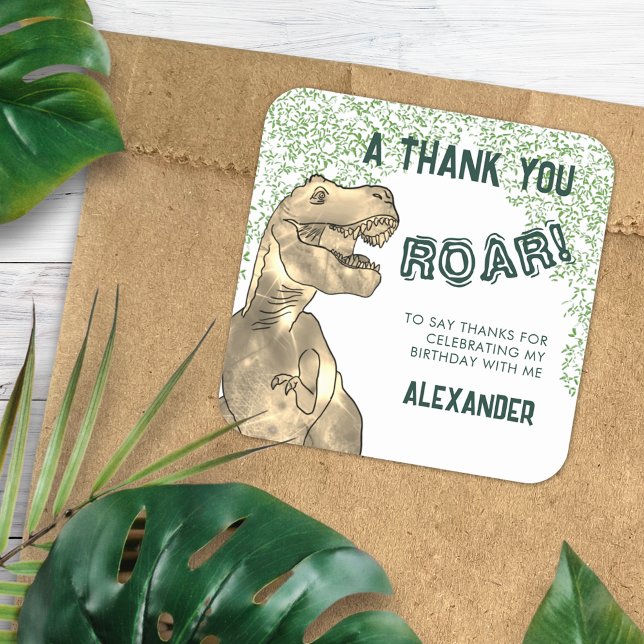 Sticker Carré Dinosaur T-Rex Roar Anniversaire Merci de fête (T-Rex Roar dinosaur jungle birthday party thank you favor sticker modern green typography add name)