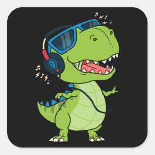 Sticker Carré dinosaure cool à l'écoute de la musique