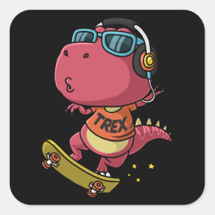 Sticker Carré dinosaure cool jouant skate board