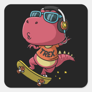 Sticker Carré dinosaure cool jouant skate board
