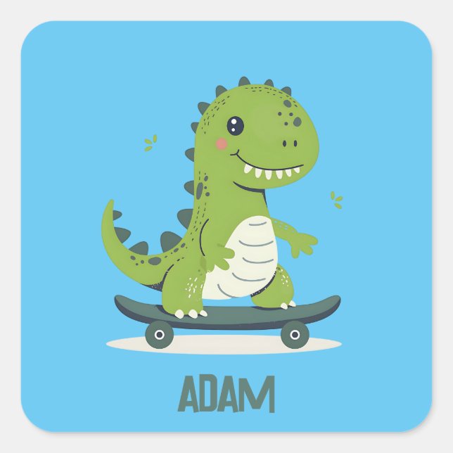 Sticker Carré Dinosaure De Skateboard Amusant Avec Nom Enfants (Devant)