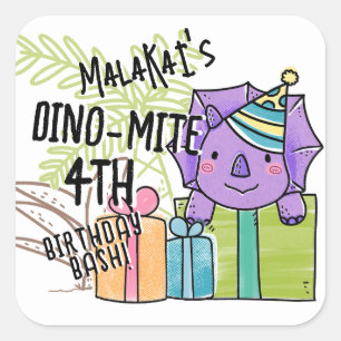 Sticker Carré Dinosaure fête d'anniversaire de Dino-Mite