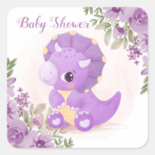 Sticker Carré Dinosaure mou avec Baby shower Floral