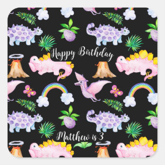 Sticker Carré Dinosaure noir pour enfants Rainbow Watercolor Jun