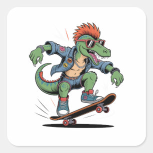 Sticker Carré Dinosaure Punk Vélociraptor Skateboard Drôle