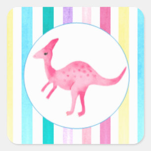 Sticker Carré Dinosaure rose et rayures
