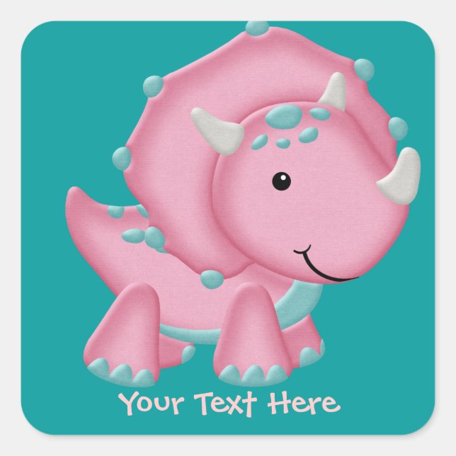 Sticker Carré Dinosaure rose (personnalisable) (Devant)