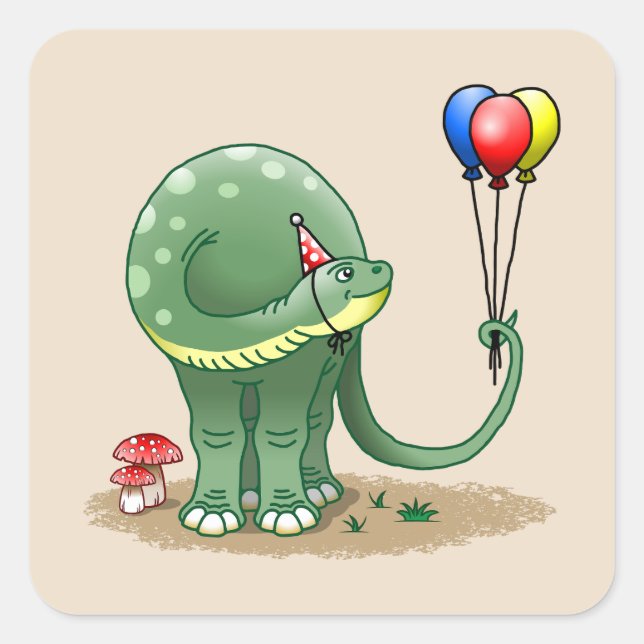 Sticker Carré Dinosaure tenant Ballons Anniversaire (Devant)
