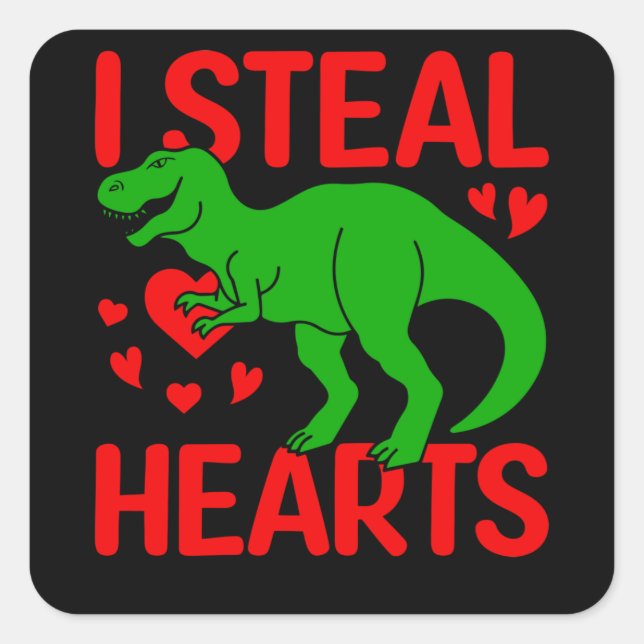 Sticker Carré Dinosaure Vert Valentine I Voler Coeurs (Devant)