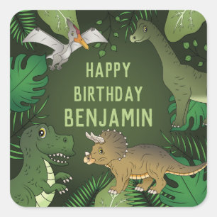 Sticker Carré Dinosaures et Plantes verts Joyeux anniversaire po
