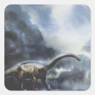 Sticker Carré Dinosaures Vintage, Barapasaurus avec Nuages Orage