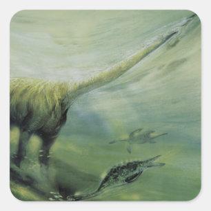 Sticker Carré Dinosaures vintage, Brachiosaure nageant dans l'oc