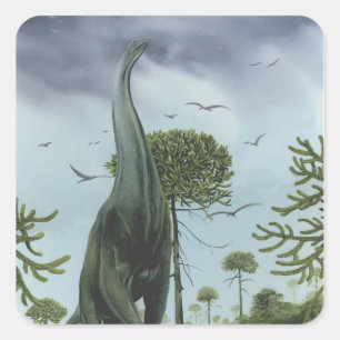 Sticker Carré Dinosaures Vintage, Sauroposeidon avec des oiseaux