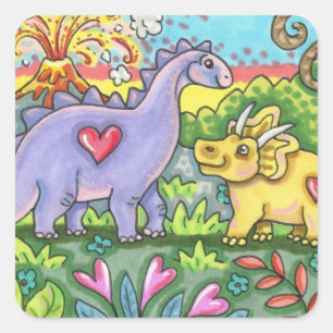 STICKER CARRÉ DINOSAURS PRÉHISTORIQUES COLORÉS, CUTE DINO AMIS
