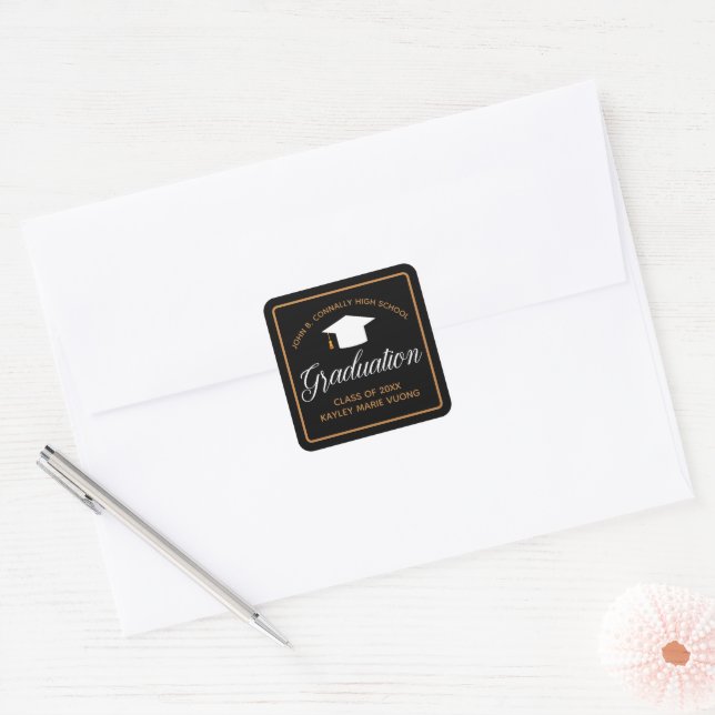 Sticker Carré Diplôme chic Black Gold Custom Graduate (Enveloppe)