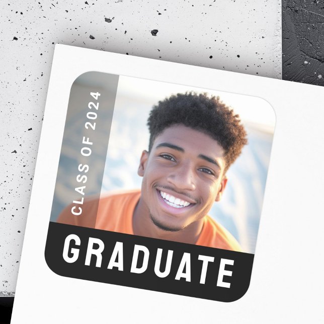 Sticker Carré Diplôme étudiant photo moderne noir (Student graduation modern black photo square sticker)