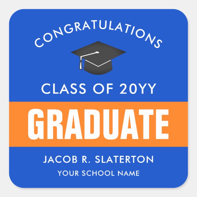 Sticker Carré Diplôme personnalisé orange et bleu (Devant)