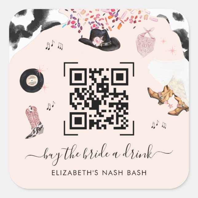 Sticker Carré Disco Cowgirl Rodeo Acheter The Bride A Drink QR C (Devant)
