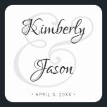 Sticker Carré DIY His & Her Script Names, Black & Grey Wedding<br><div class="desc">His and her names in beautiful black and grey script lettering and date for an elegant design on white background. Click "Customize" to change colors and type styles.</div>