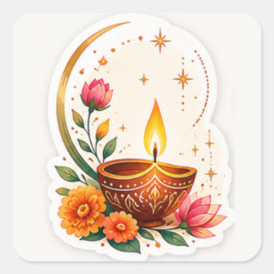 Sticker Carré Diya Diwali Floral Élégant