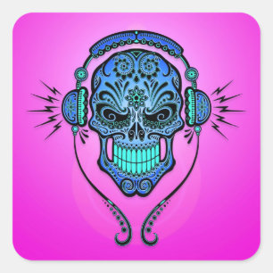 Sticker Carré DJ Sugar Skull - Bleu et violet