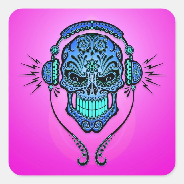 Sticker Carré DJ Sugar Skull - Bleu et violet (Devant)