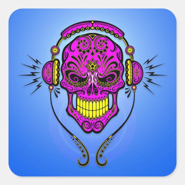 Sticker Carré DJ Sugar Skull - violet et jaune (Devant)