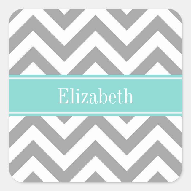 Sticker Carré Dk Gris Blanc LG Chevron Turquoise Monogramme Nom (Devant)