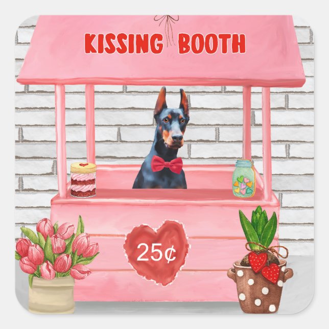 Sticker Carré Doberman Chien Valentine's Day Kissing Booth (Devant)
