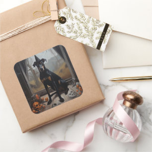 Sticker Carré Doberman Citrouille Halloween effroi