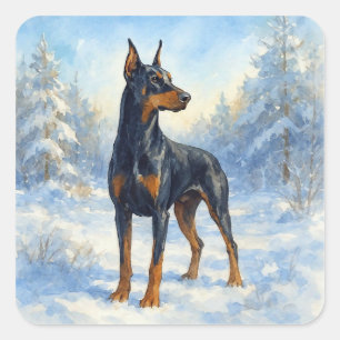 Sticker Carré Doberman dans la neige hivernale