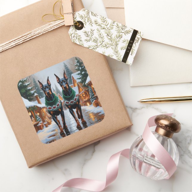 Sticker Carré Doberman Dogs Christmas Snow Holiday  (Cadeaux)