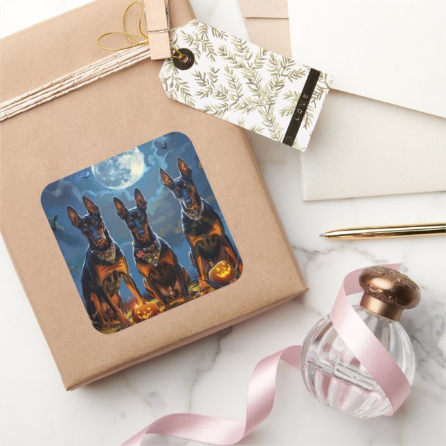 Sticker Carré Doberman Halloween Éffrayant (Cadeaux)