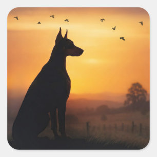 Sticker Carré Doberman Pincher Silhouette Coucher de soleil