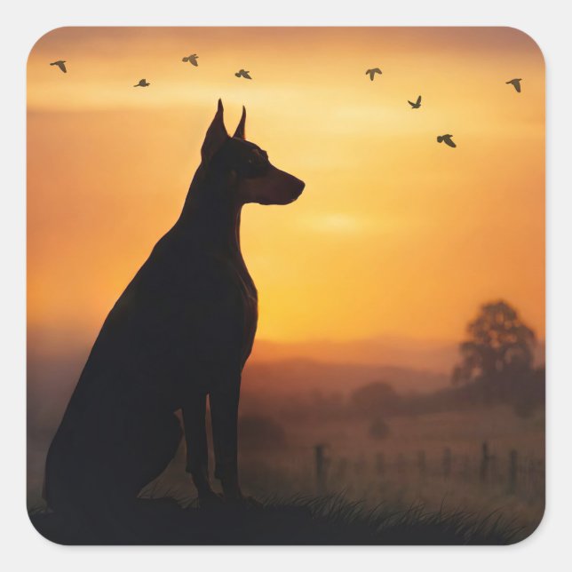 Sticker Carré Doberman Pincher Silhouette Coucher de soleil (Devant)