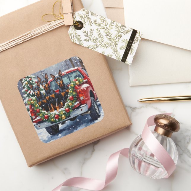 Sticker Carré Doberman Pinscher Christmas Red Truck Holiday (Cadeaux)