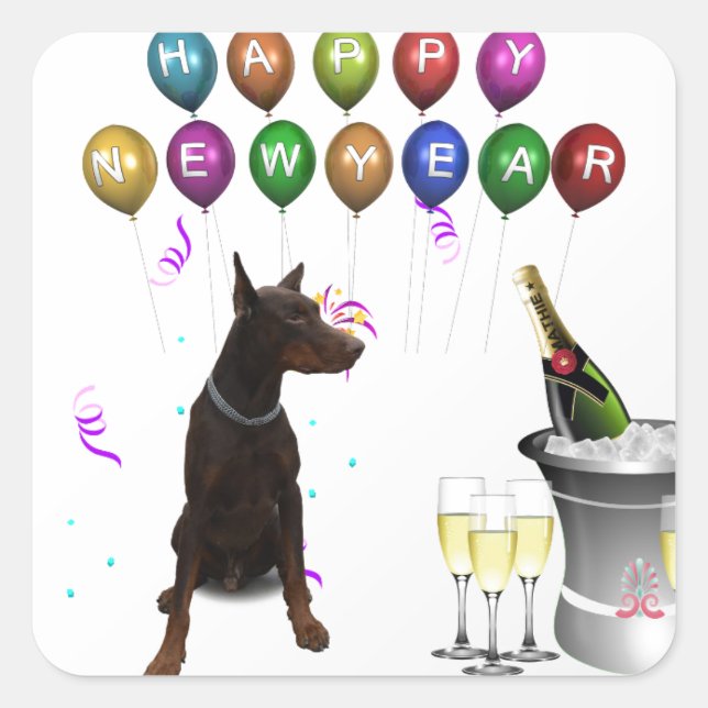Sticker Carré Doberman Pinscher souhaite Bonne Année 2016 (Devant)