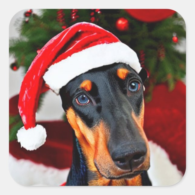Sticker Carré Doberman Santa Hat (Devant)