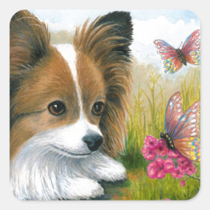 Sticker Carré Dog 123 Papillon dog with Butterflies