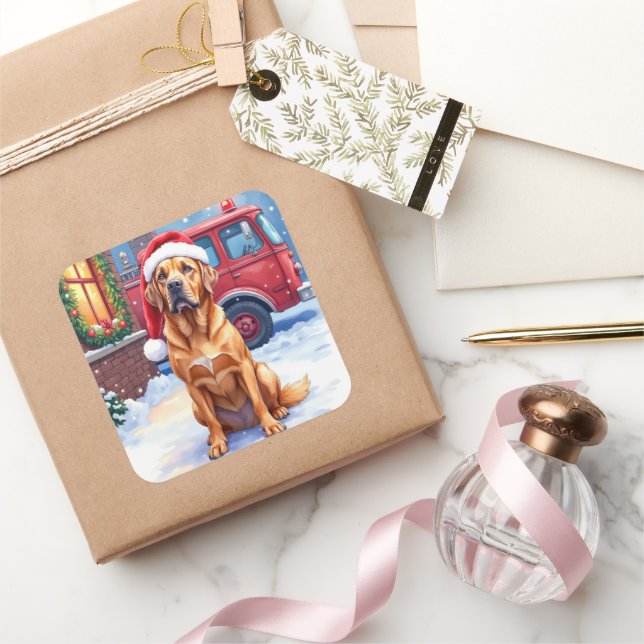 Sticker Carré Dogue de Bordeaux Firefighter Station Santa Hat (Cadeaux)