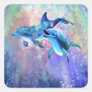 Sticker Carré Dolphin Couple - Ajouter Votre Texte / Nom -