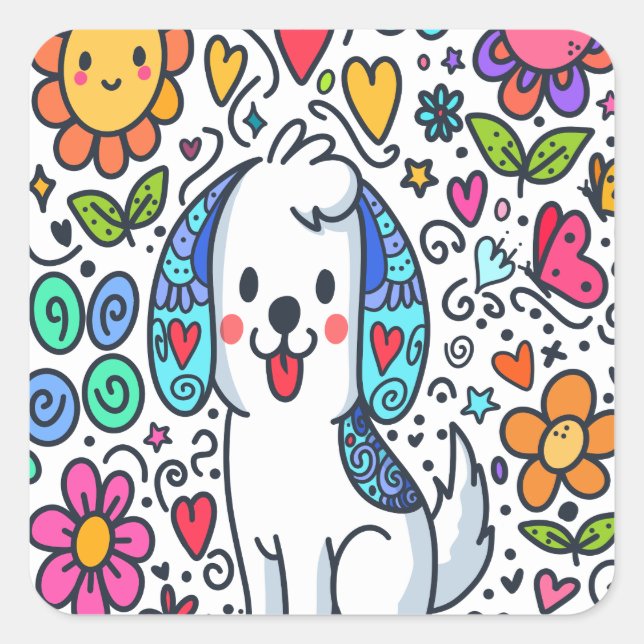 Sticker Carré Doodle Chien, Fleurs, Coeurs Et Papillons (Devant)