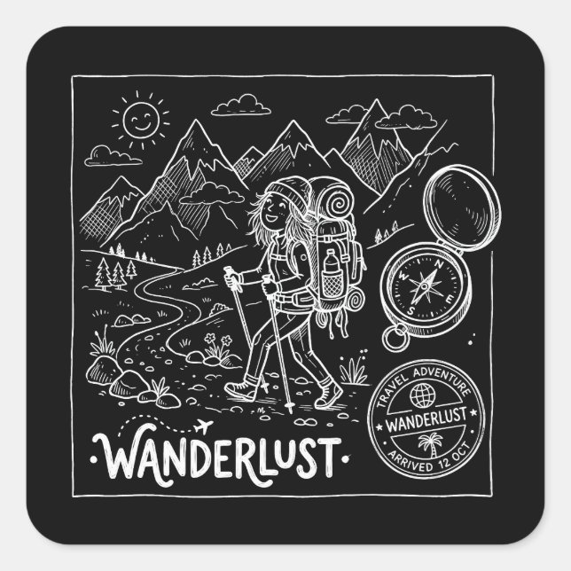 Sticker Carré Doodle de routard Wanderlust (Devant)