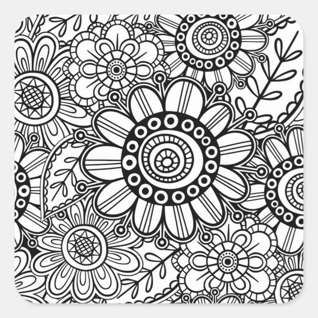 Sticker Carré Doodle Folk Art Floral Line Motif (Devant)
