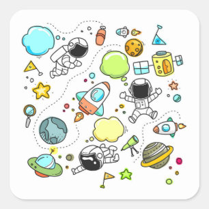 Sticker Carré Doodle spatial très mignon pour enfants